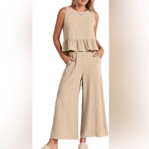 NWT ANRABESS Set Linen Beige Sleeveless Button Top Wide Leg Pants